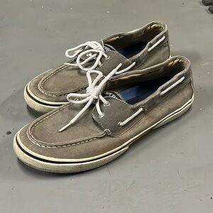 Sperry Men's Gray White Leather Canvas Boat Shoes Size 11.5 STS12019